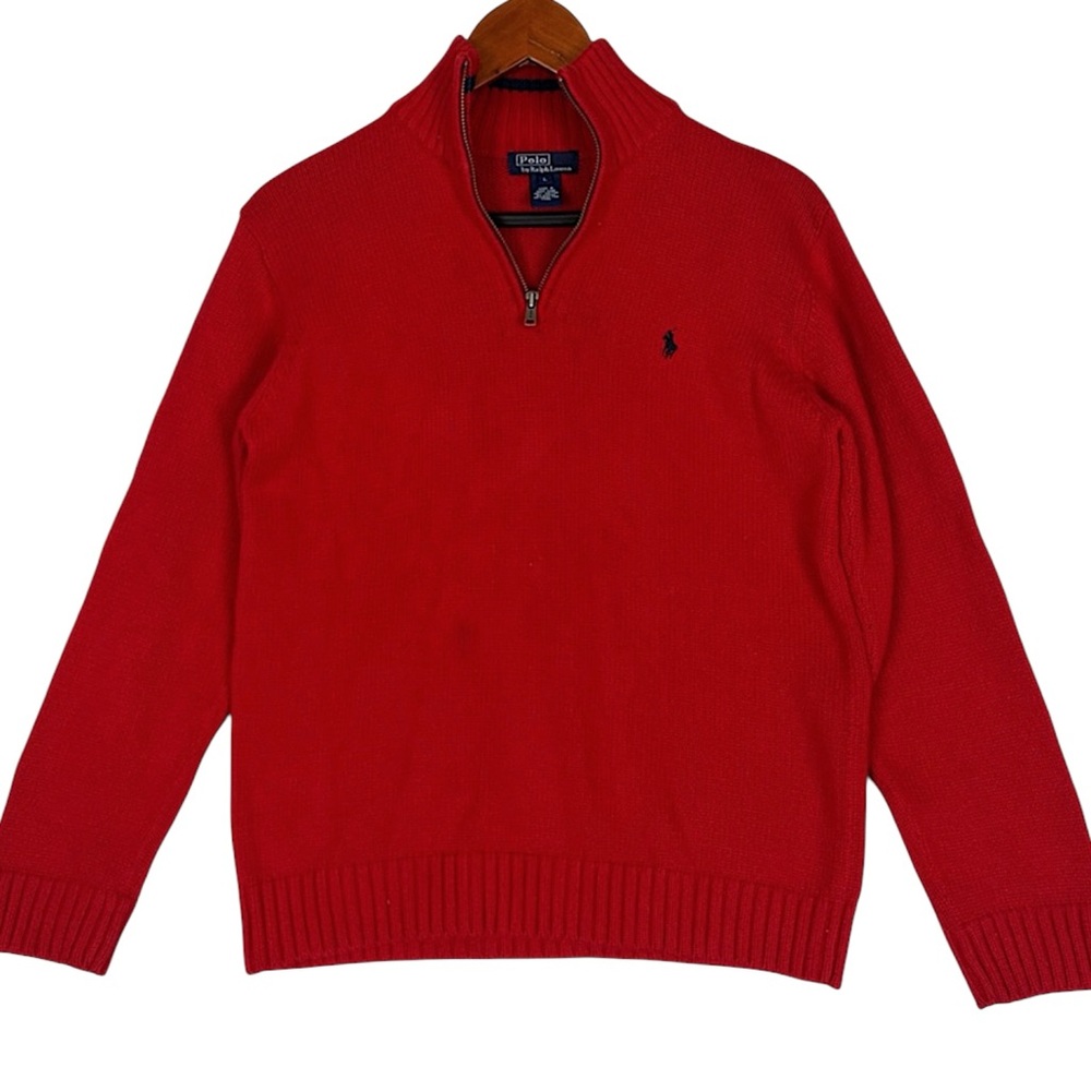 Polo Ralph Lauren Knit 1/4 Zip Sweater Boys Large Mock Neck Red Cotton Nautical